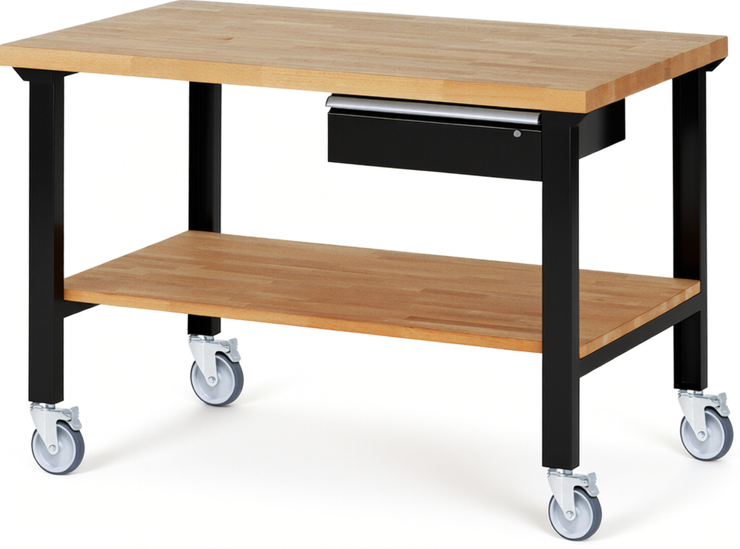 Fahrbare Werkbank Modell 7001 schwarz, BxTxH 1500x900x1000 mm,  Buche-Massiv Arbeitsplatte 40 mm,  1 Schublade mit  Auszug 90 %