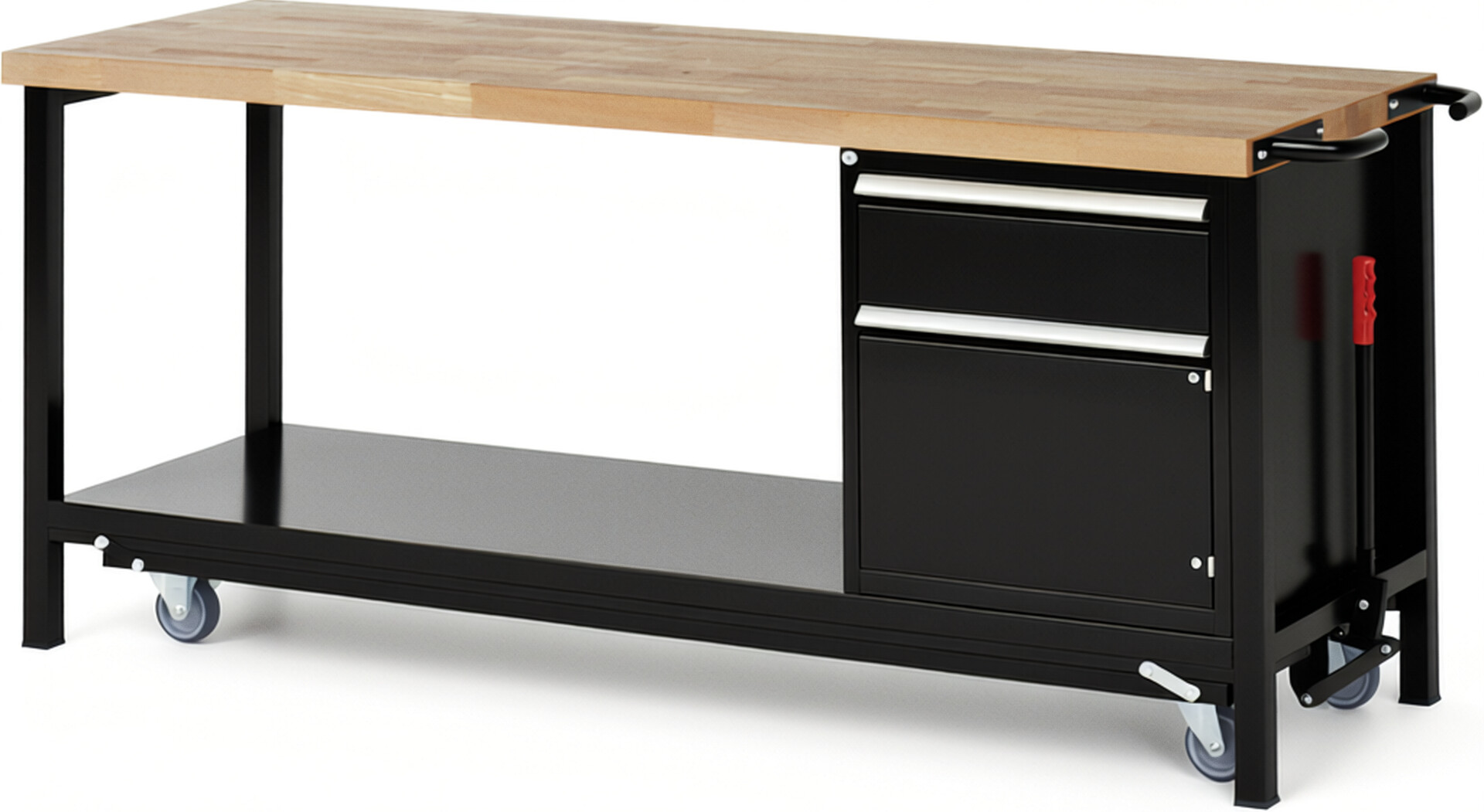 Absenkbare Werkbank Modell 8152 schwarz, BxTxH 2000x700x880 mm,  Buche-Massiv Arbeitsplatte 40 mm,  1 Schublade mit  Auszug 90 %
