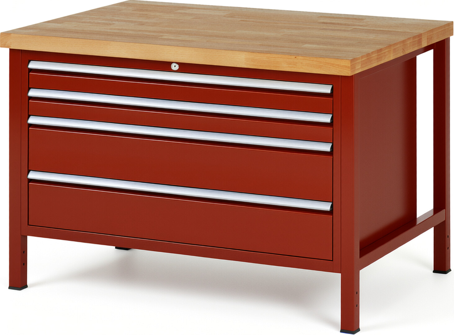 Werkbank Modell 8361 rot, BxTxH 1250x900x840 mm,  Buche-Massiv Arbeitsplatte 40 mm,  4 Schubladen mit  Vollauszug 100 % und  SoftClosing