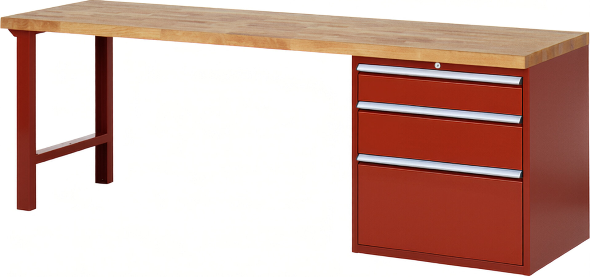 Werkbank Modell 7608 rot, BxTxH 2500x700x890 mm,  Buche-Massiv Arbeitsplatte 40 mm,  3 Schubladen mit  Auszug 90 %