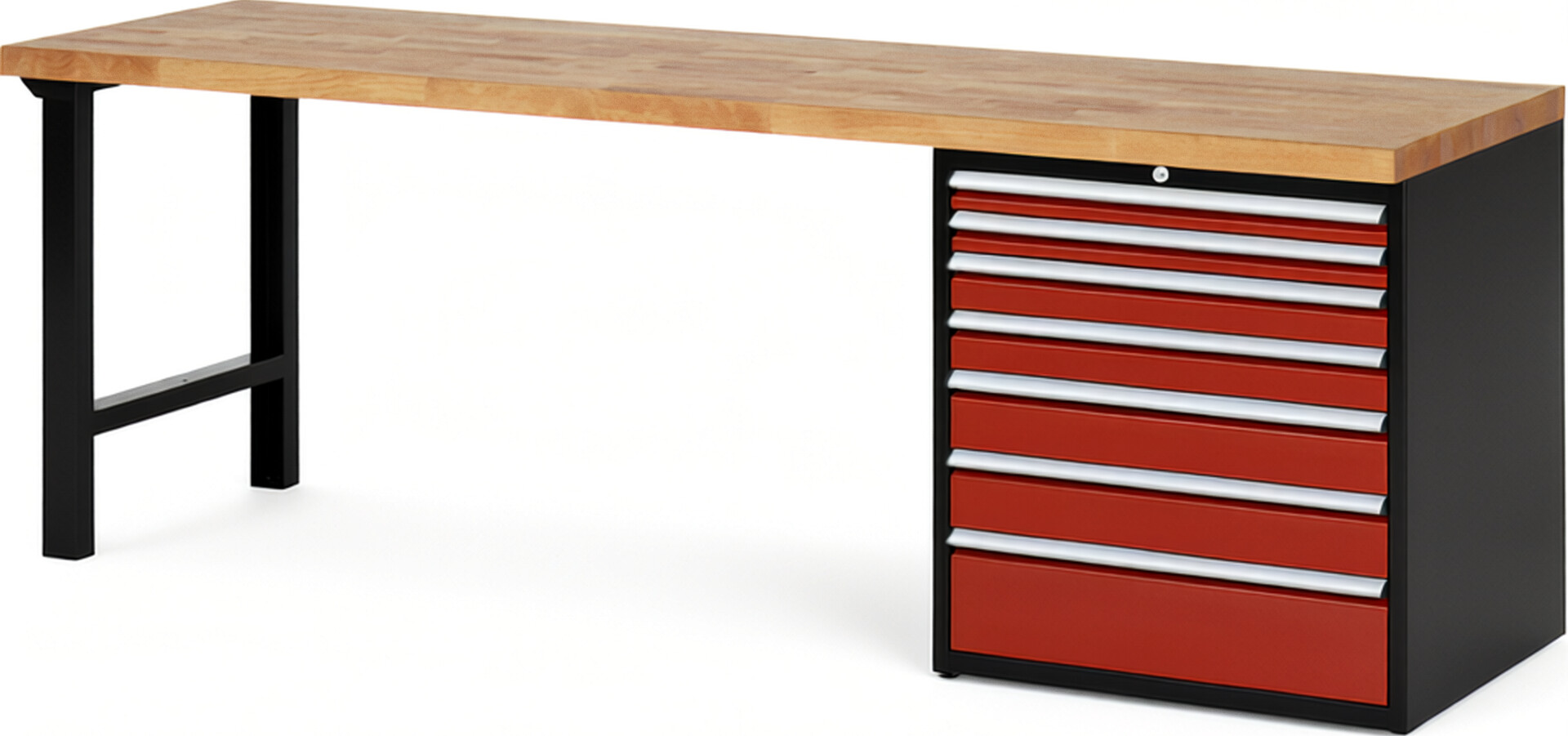 RAU Werkbank schwarz - rot - Breite 250 cm - Tiefe 70 cm - Höhe 89 cm - Buche-Massiv Arbeitsplatte 40 mm