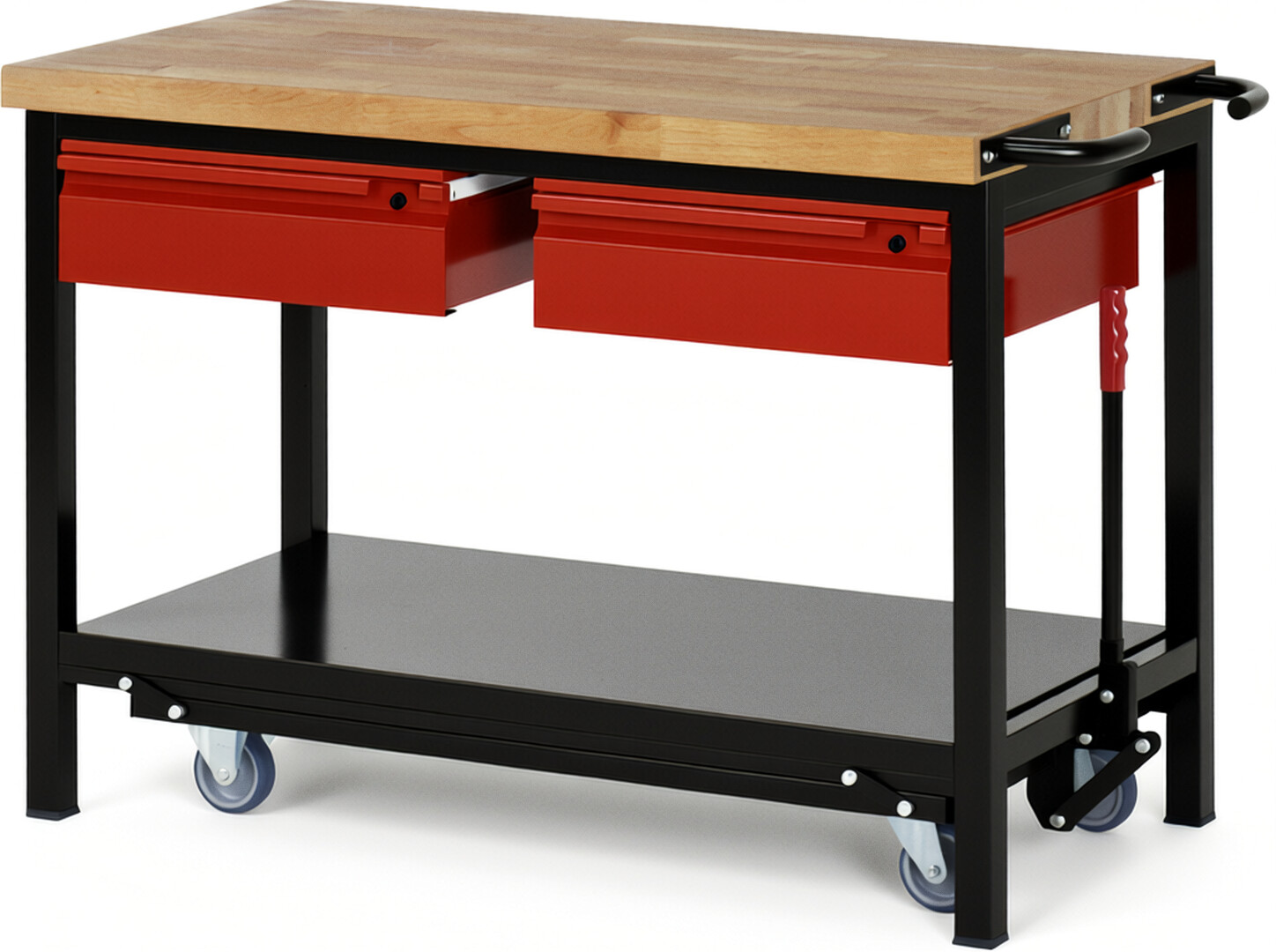 RAU Werkbank schwarz - rot - Breite 125 cm - Tiefe 70 cm - Höhe 88 cm - Buche-Massiv Arbeitsplatte 40 mm