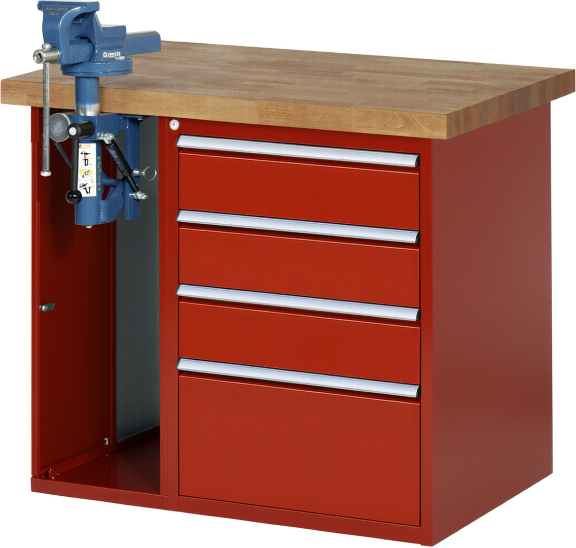 Werkbank Modell 7510 rot, BxTxH 1000x700x840 mm,  Buche-Massiv Arbeitsplatte 40 mm,  4 Schubladen mit  Vollauszug 100 % und  SoftClosing