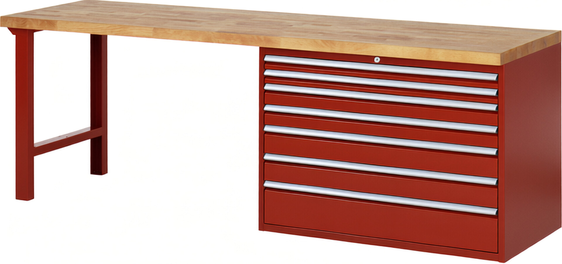 Werkbank Modell 7717 rot, BxTxH 2500x700x890 mm,  Buche-Massiv Arbeitsplatte 40 mm,  7 Schubladen mit  Vollauszug 100 % und  SoftClosing