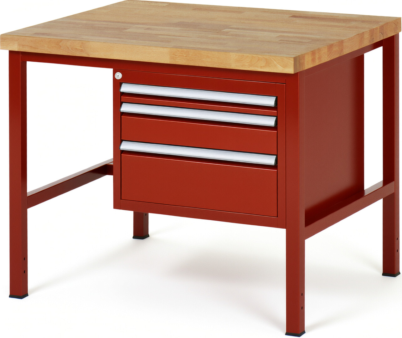 Werkbank Modell 8126 rot, BxTxH 1000x900x840 mm,  Buche-Massiv Arbeitsplatte 40 mm,  3 Schubladen mit  Auszug 90 %