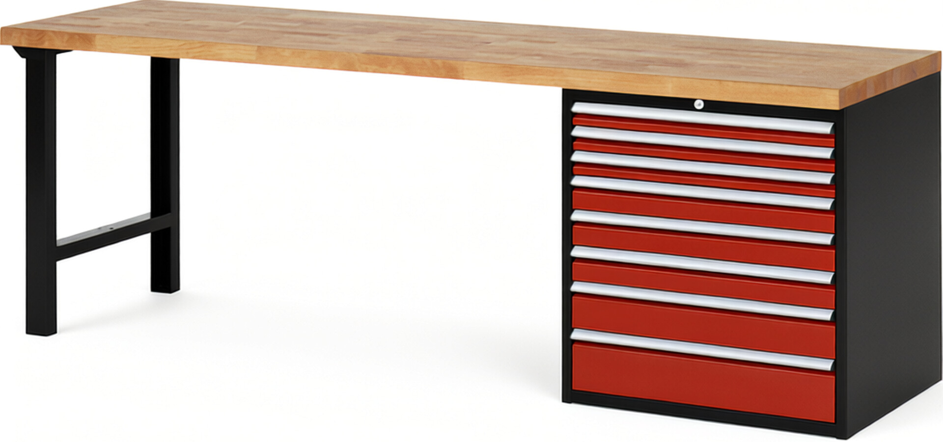 RAU Werkbank schwarz - rot - Breite 250 cm - Tiefe 70 cm - Höhe 89 cm - Buche-Massiv Arbeitsplatte 40 mm