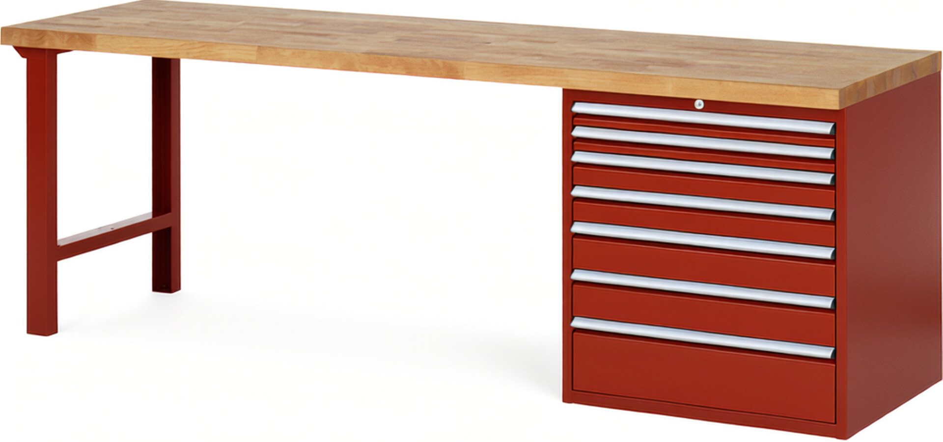 Werkbank Modell 7617 rot, BxTxH 2500x700x890 mm,  Buche-Massiv Arbeitsplatte 40 mm,  7 Schubladen mit  Auszug 90 %