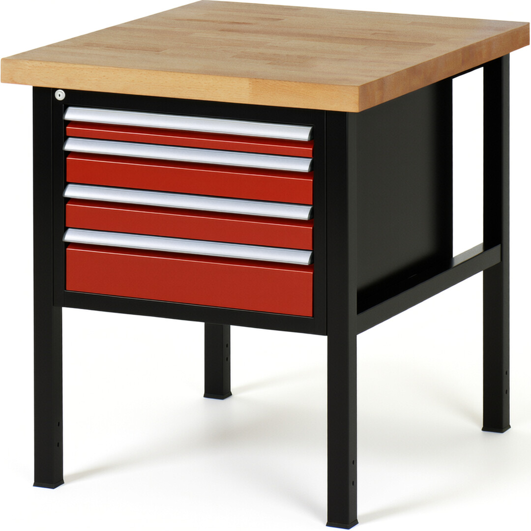 RAU Werkbank schwarz - rot - Breite 75 cm - Tiefe 90 cm - Höhe 104 cm - Buche-Massiv Arbeitsplatte 40 mm