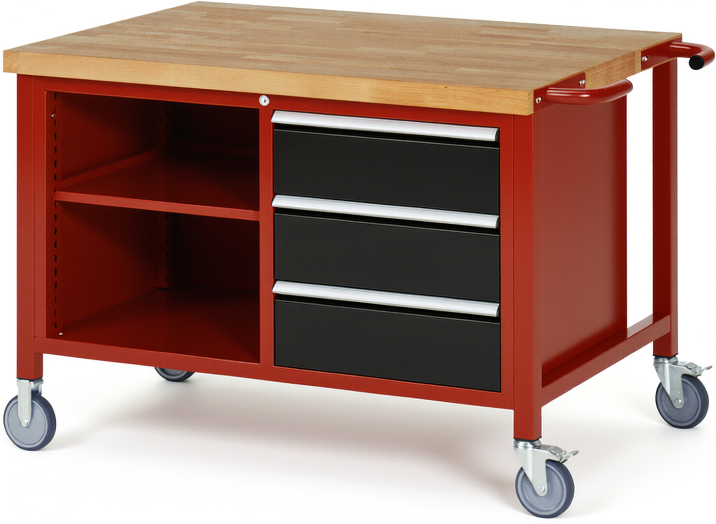 Fahrbare Werkbank Modell 8462 rot - schwarz, BxTxH 1250x900x880 mm,  Buche-Massiv Arbeitsplatte 40 mm,  3 Schubladen mit  Auszug 90 %