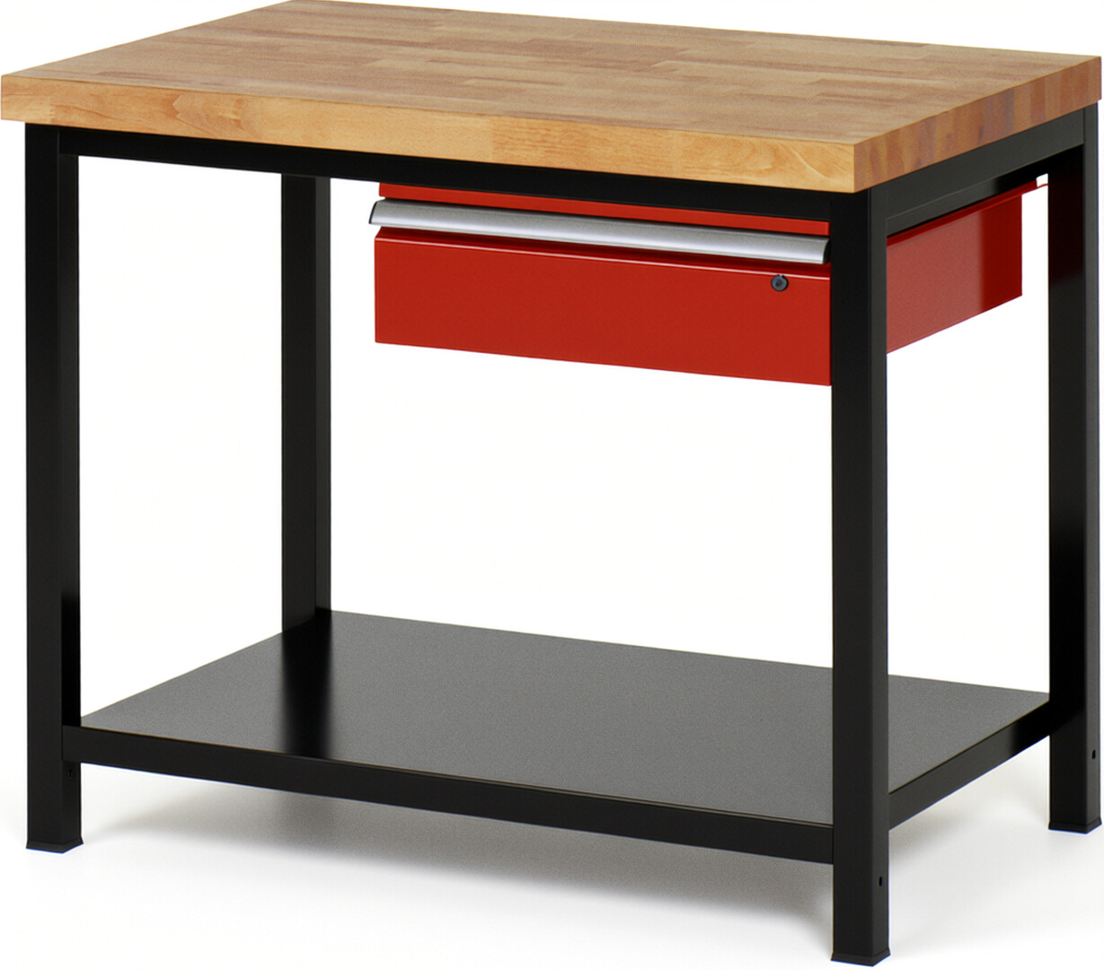 RAU Werkbank schwarz - rot - Breite 100 cm - Tiefe 70 cm - Höhe 104 cm - Buche-Massiv Arbeitsplatte 40 mm