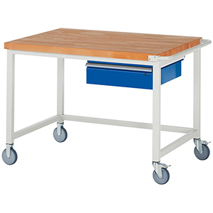 Fahrbare Werkbank, BxTxH 1250x900x880 mm, Platte Buche 40 mm, 1 Schublade 150 mm, RAL 7035/5010
