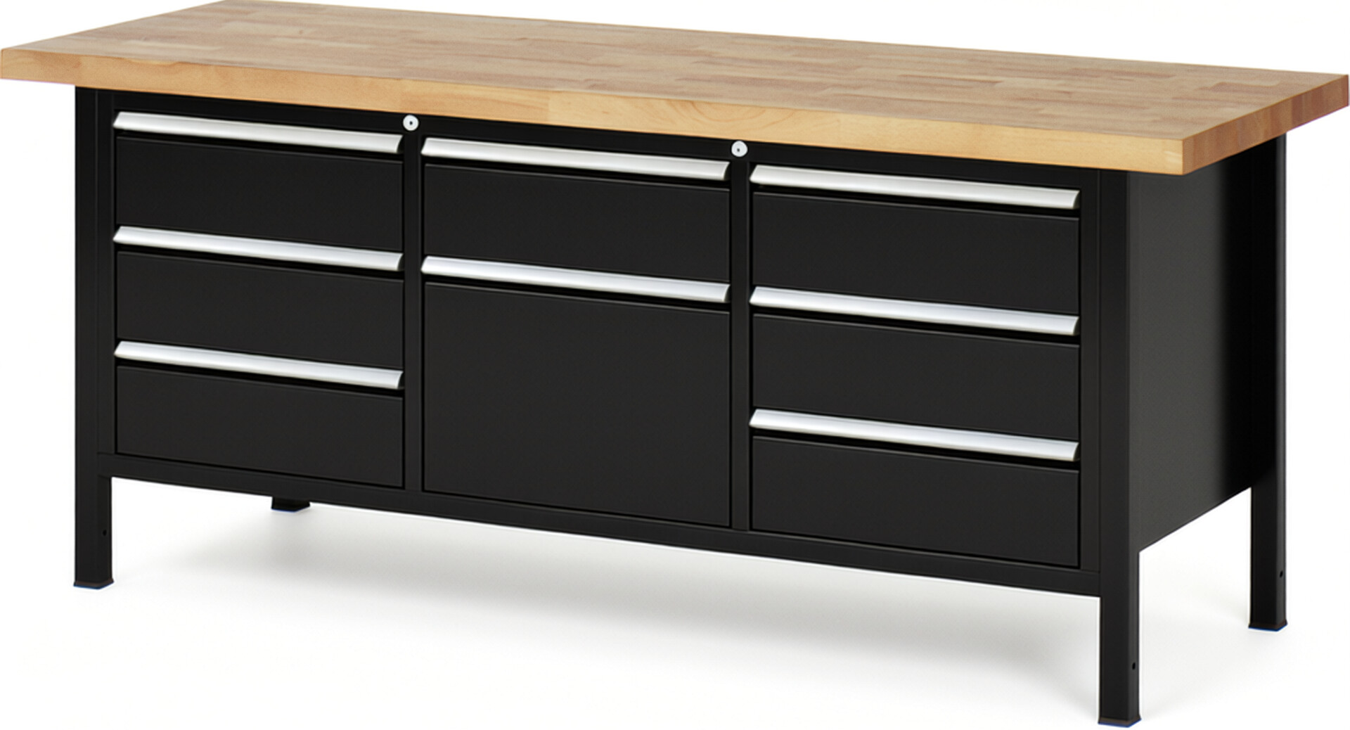 Werkbank Modell 8571 schwarz, BxTxH 2000x700x840 mm,  Buche-Massiv Arbeitsplatte 40 mm,  8 Schubladen mit  Auszug 90 %