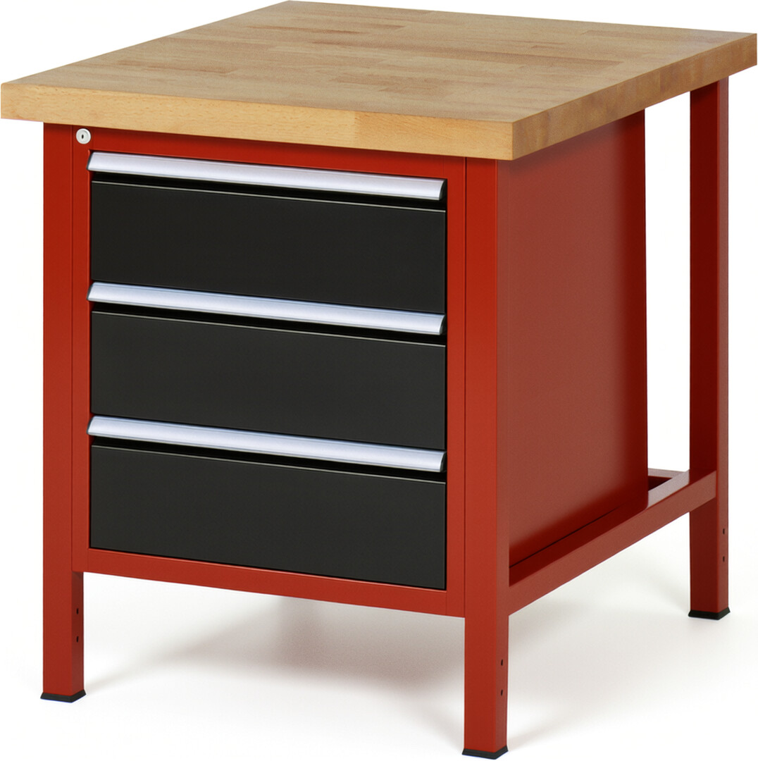 Werkbank Modell 8157 rot - schwarz, BxTxH 750x900x840 mm,  Buche-Massiv Arbeitsplatte 40 mm,  3 Schubladen mit  Vollauszug 100 % und  SoftClosing