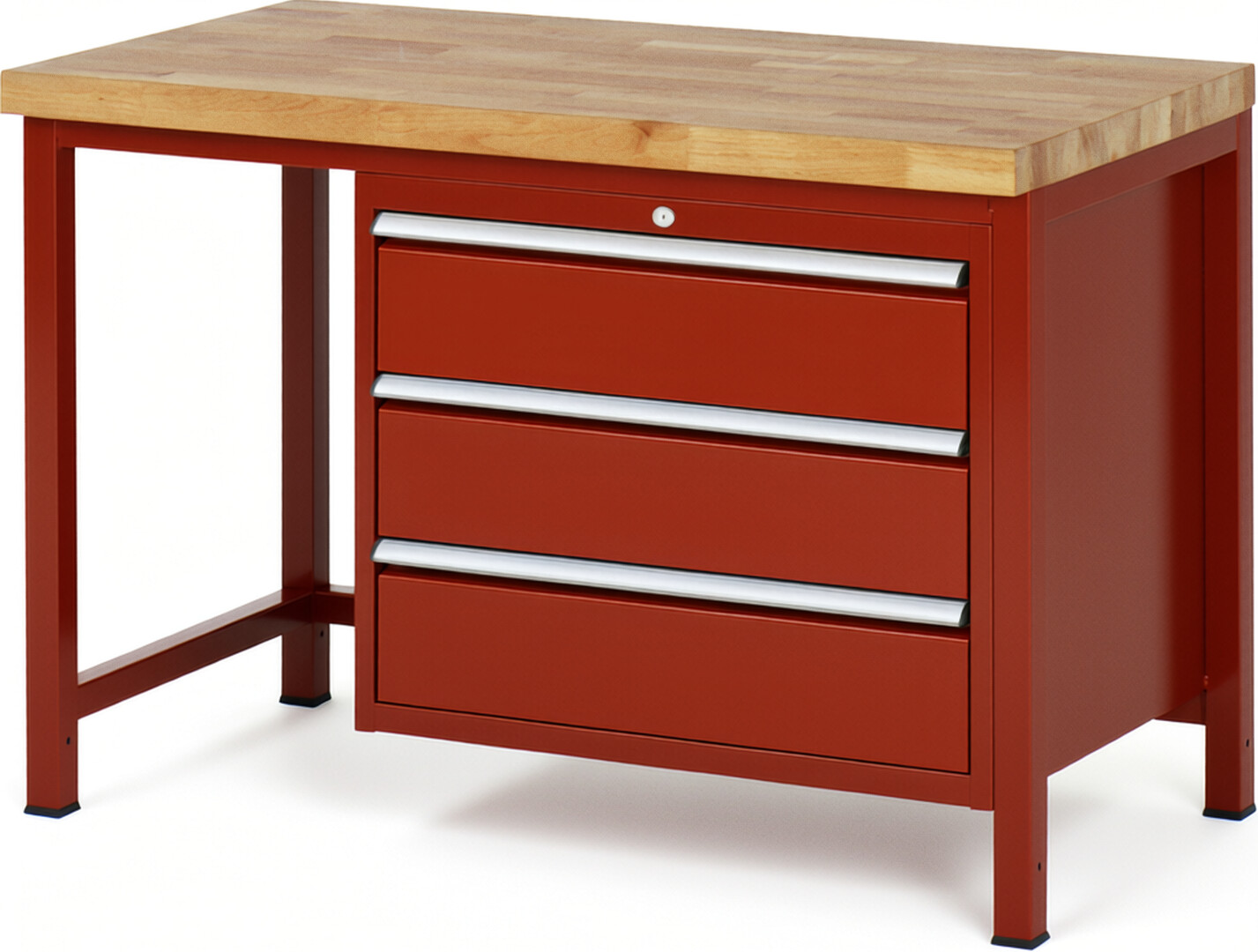 Werkbank Modell 8257 rot, BxTxH 1250x700x840-1040 mm,  Buche-Massiv Arbeitsplatte 40 mm,  3 Schubladen mit  Auszug 90 %
