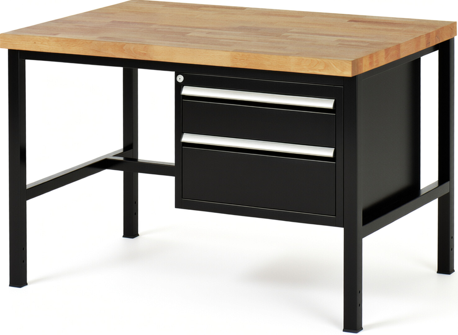 Werkbank Modell 8123 schwarz, BxTxH 1250x900x840-1040 mm,  Buche-Massiv Arbeitsplatte 40 mm,  2 Schubladen mit  Auszug 90 %