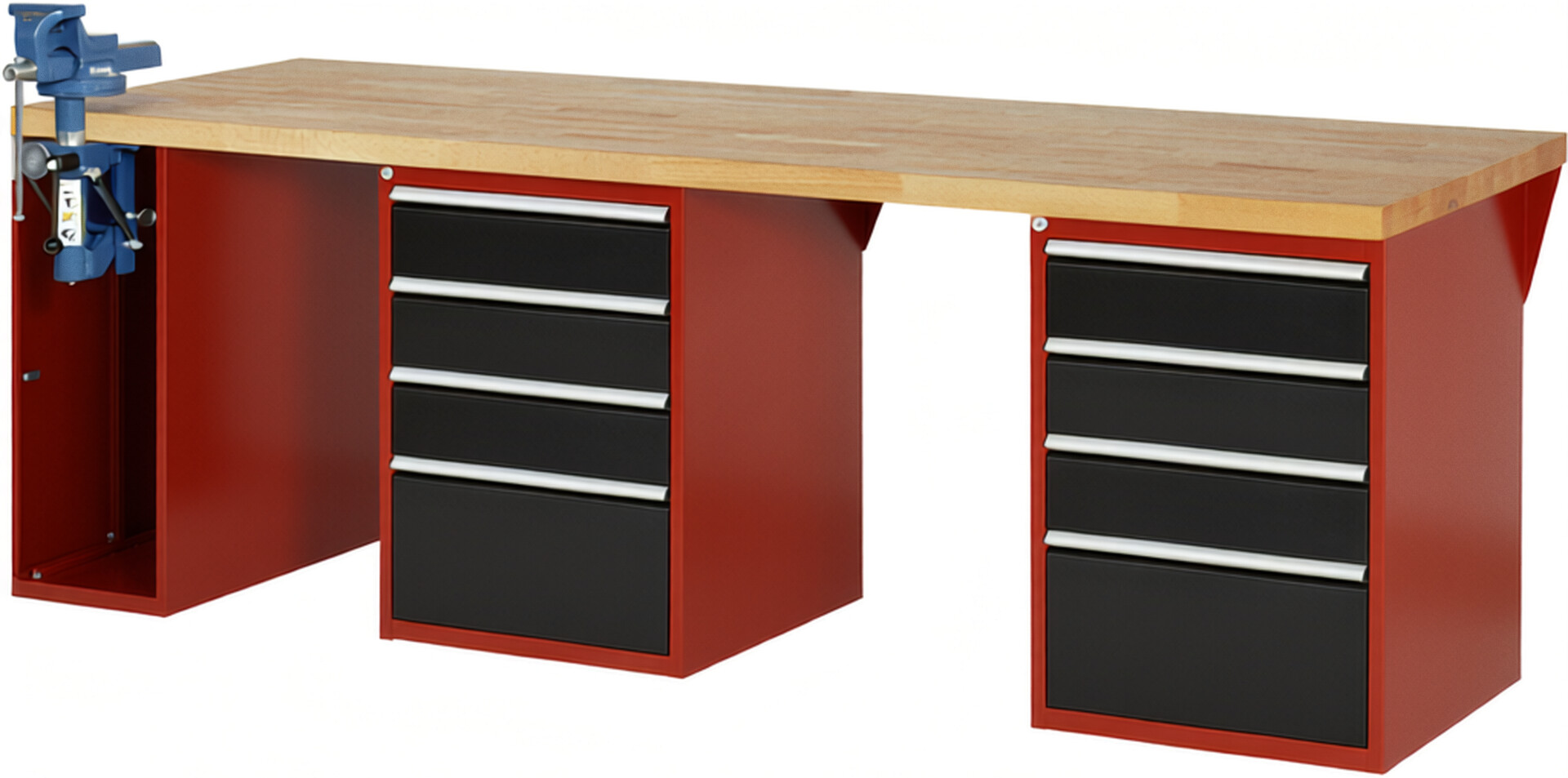 Werkbank Modell 7510 rot - schwarz, BxTxH 2500x900x890 mm,  Buche-Massiv Arbeitsplatte 40 mm,  8 Schubladen mit  Auszug 90 %