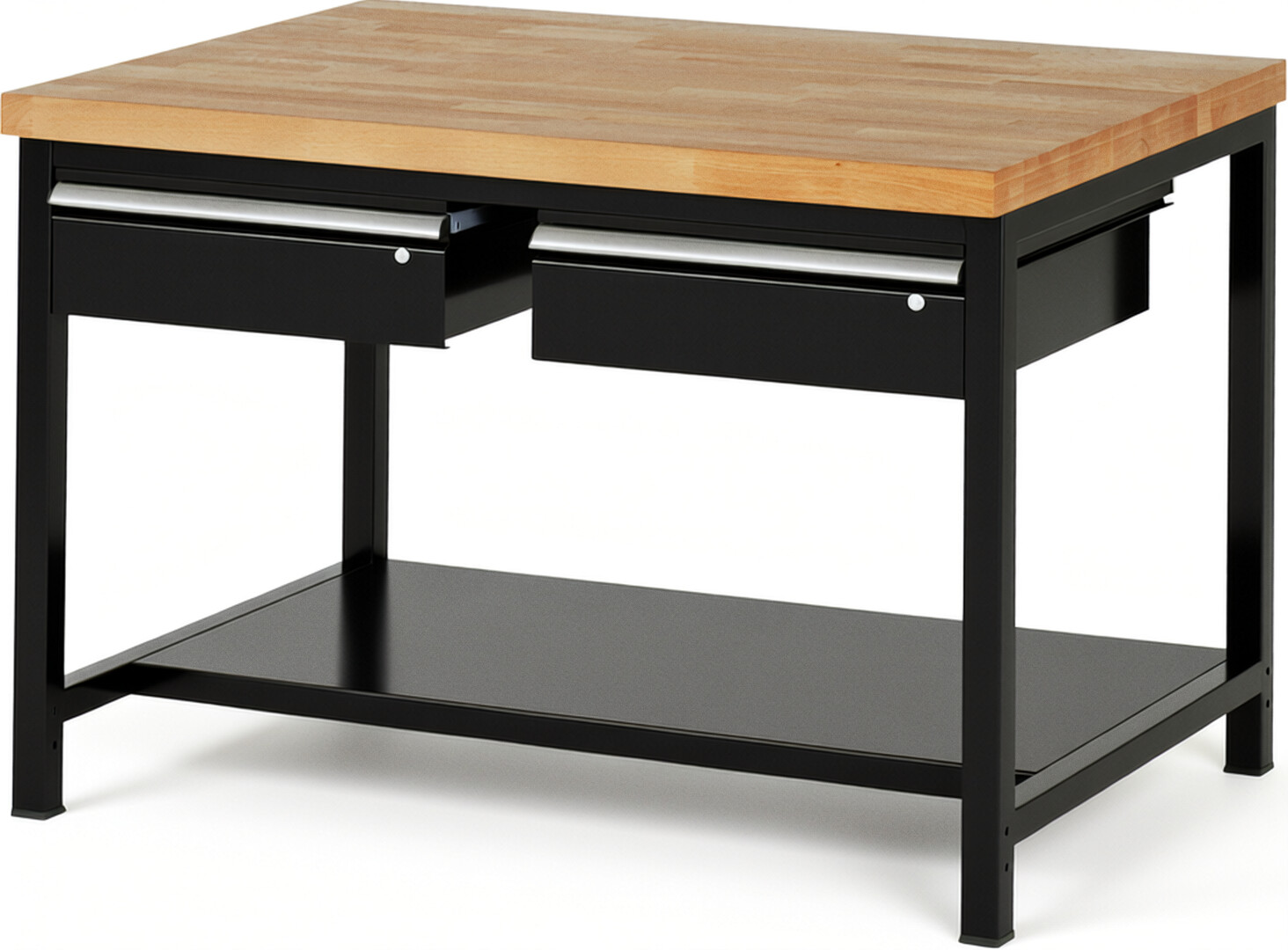 Werkbank Modell 8002 schwarz, BxTxH 1250x900x840-1040 mm,  Buche-Massiv Arbeitsplatte 40 mm,  2 Schubladen mit  Auszug 90 %