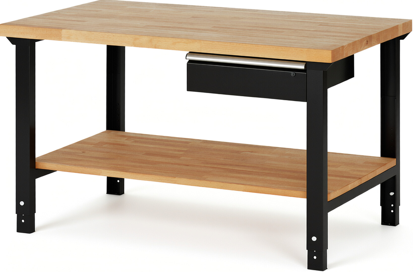 Werkbank Modell 7001 schwarz, BxTxH 1500x900x790-1140 mm,  Buche-Massiv Arbeitsplatte 40 mm,  1 Schublade mit  Auszug 90 %