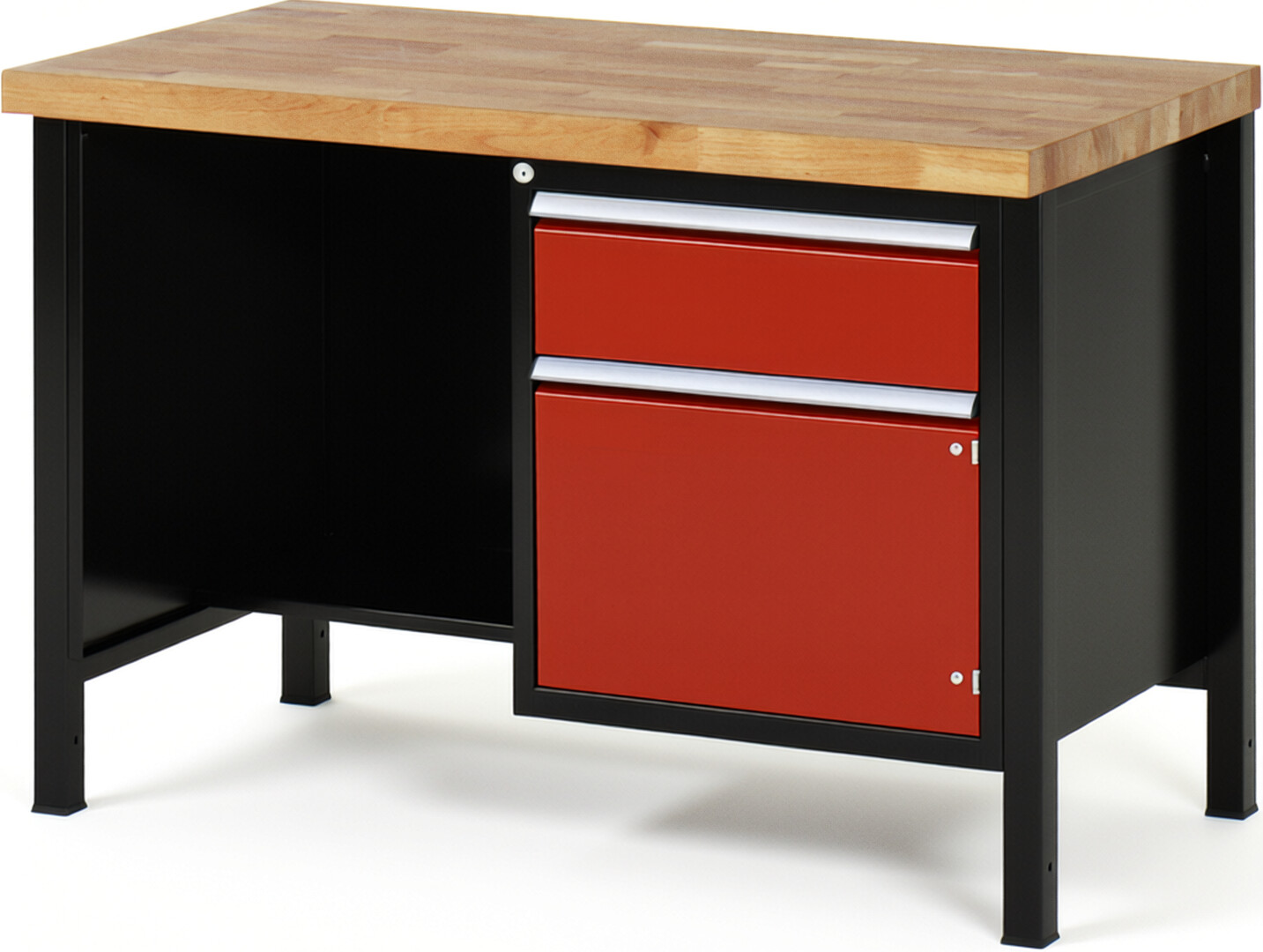 RAU Werkbank schwarz - rot - Breite 125 cm - Tiefe 90 cm - Höhe 84 cm - Buche-Massiv Arbeitsplatte 40 mm