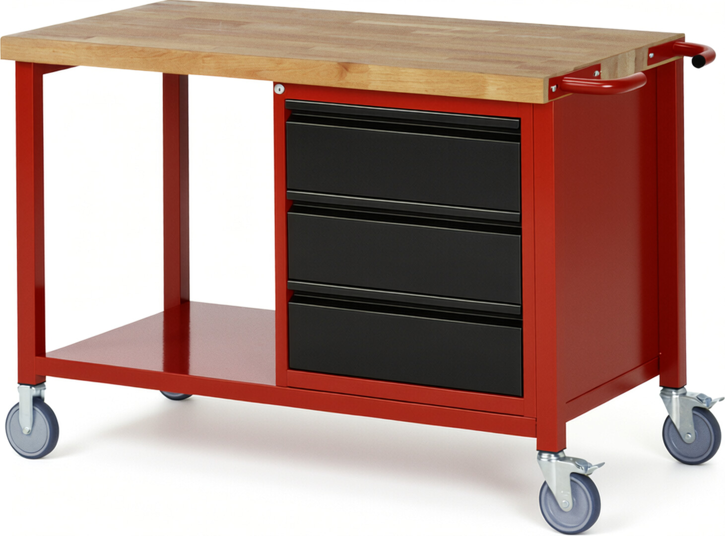 Fahrbare Werkbank - Modell 8157 BASIC rot - schwarz, BxTxH 1250x700x880 mm,  Buche-Massiv Arbeitsplatte 40 mm,  3 Schubladen mit  Auszug 90 %