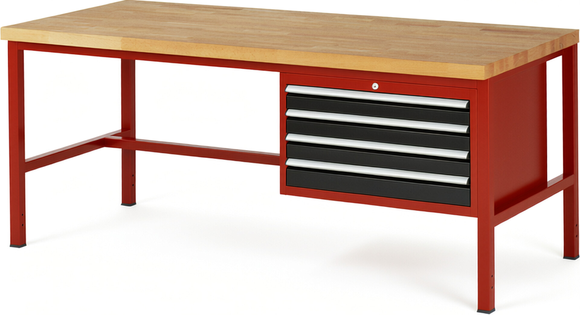 Werkbank Modell 8233 rot - schwarz, BxTxH 2000x900x840 mm,  Buche-Massiv Arbeitsplatte 40 mm,  4 Schubladen mit  Auszug 90 %