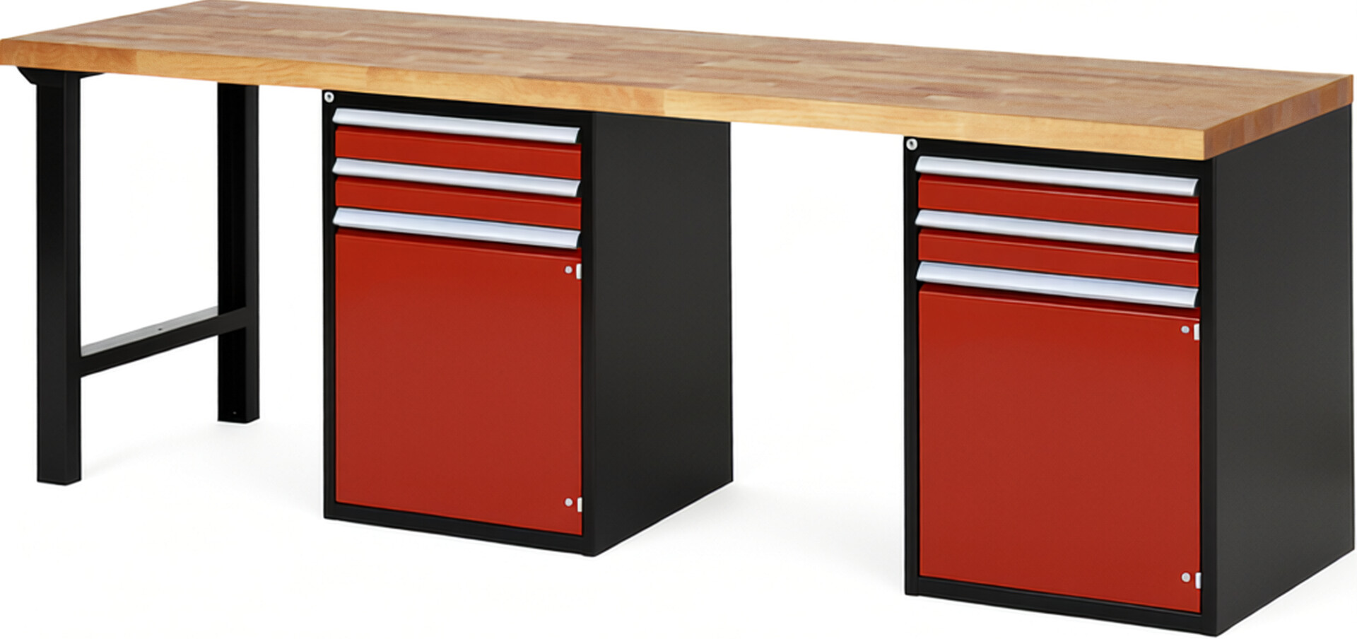 RAU Werkbank schwarz - rot - Breite 250 cm - Tiefe 70 cm - Höhe 89 cm - Buche-Massiv Arbeitsplatte 40 mm