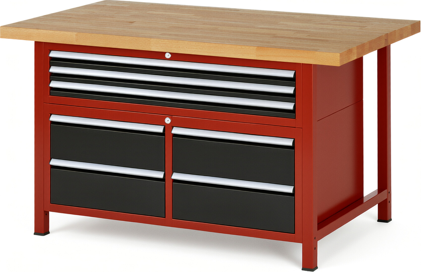 Werkbank Modell 8924 rot - schwarz, BxTxH 1500x900x840 mm,  Buche-Massiv Arbeitsplatte 40 mm,  7 Schubladen mit  Vollauszug 100 % und  SoftClosing