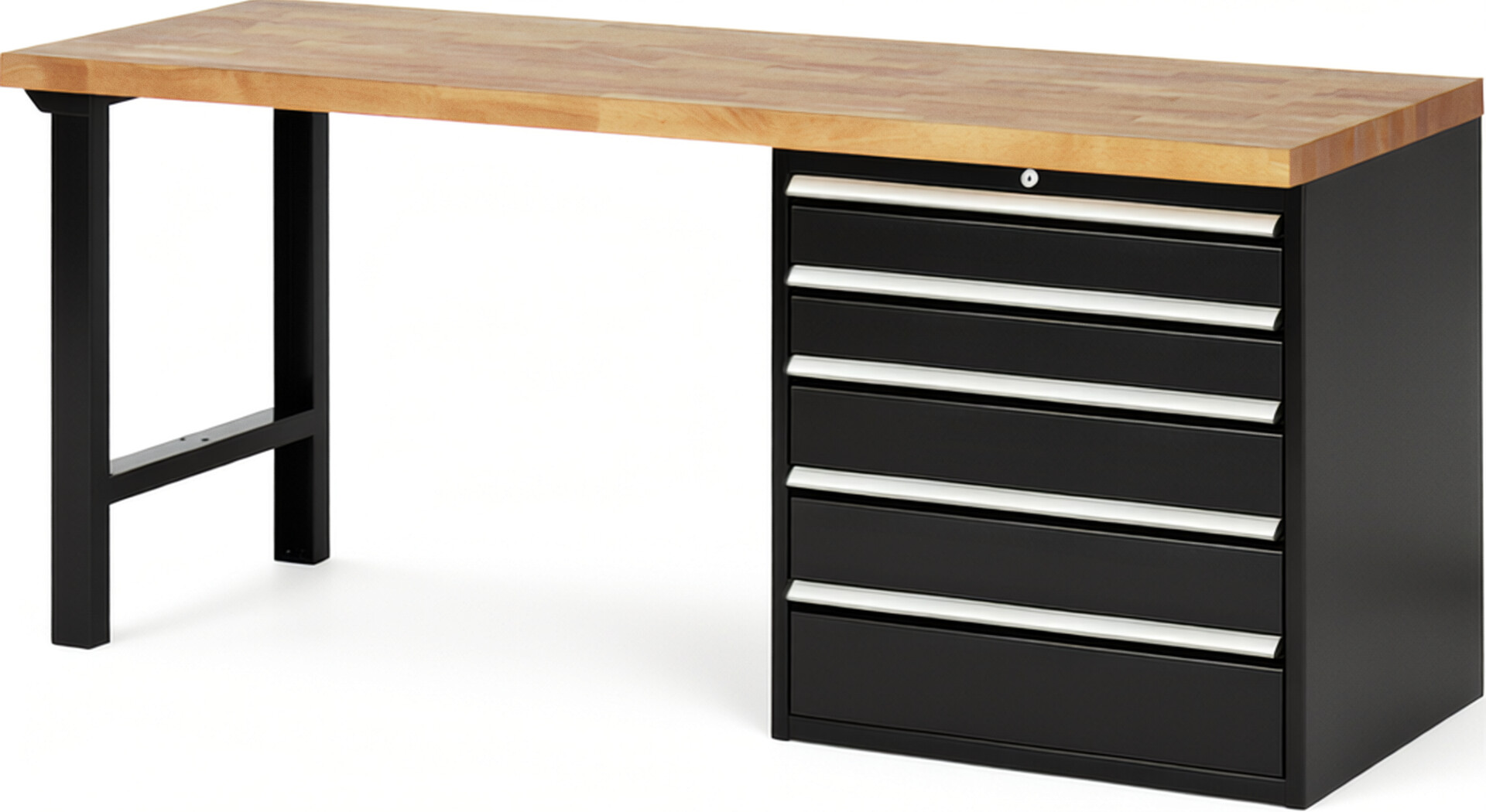Werkbank Modell 7613 schwarz, BxTxH 2000x700x890 mm,  Buche-Massiv Arbeitsplatte 40 mm,  5 Schubladen mit  Auszug 90 %