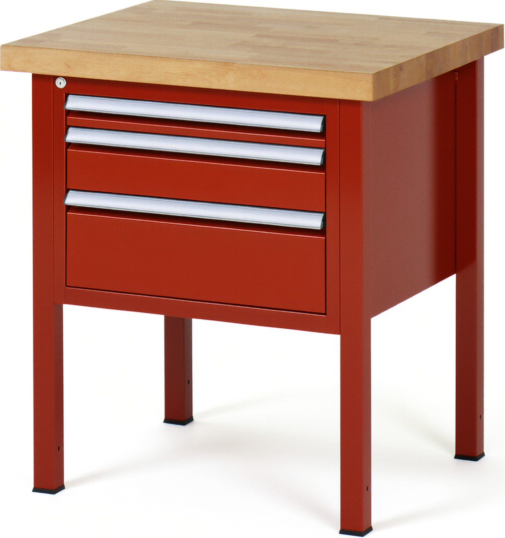 Werkbank Modell 8126 rot, BxTxH 750x700x840 mm,  Buche-Massiv Arbeitsplatte 40 mm,  3 Schubladen mit  Vollauszug 100 % und  SoftClosing