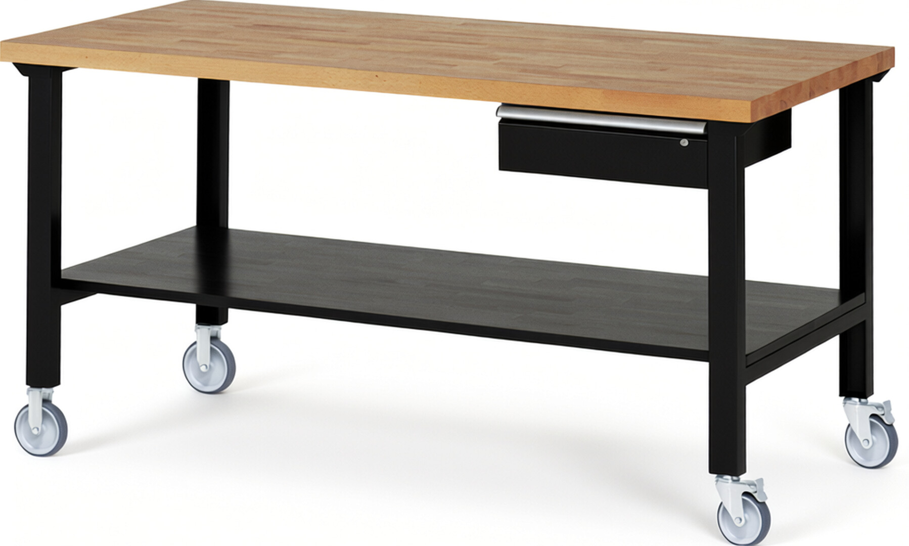 Fahrbare Werkbank Modell 7001 schwarz, BxTxH 2000x900x1000 mm,  Buche-Massiv Arbeitsplatte 40 mm,  1 Schublade mit  Auszug 90 %