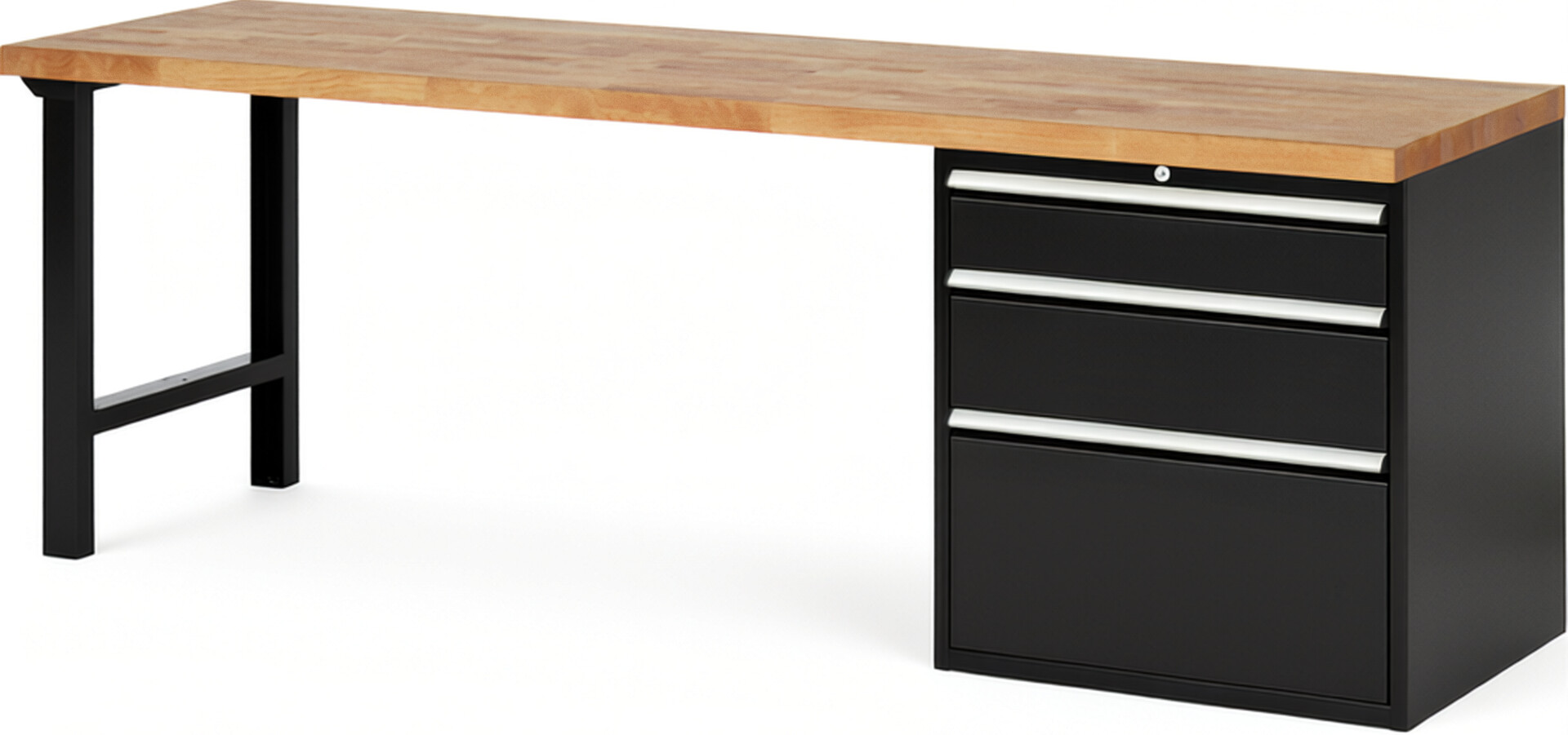 Werkbank Modell 7608 schwarz, BxTxH 2500x700x890 mm,  Buche-Massiv Arbeitsplatte 40 mm,  3 Schubladen mit  Auszug 90 %