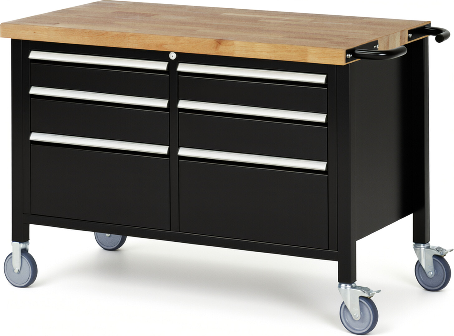 Fahrbare Werkbank Modell 8475 schwarz, BxTxH 1250x700x880 mm,  Buche-Massiv Arbeitsplatte 40 mm,  6 Schubladen mit  Auszug 90 %