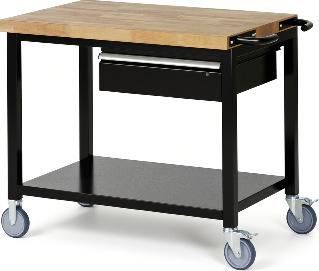 Fahrbare Werkbank Modell 8001 schwarz, BxTxH 1000x700x880-1080 mm,  Buche-Massiv Arbeitsplatte 40 mm,  1 Schublade mit  Auszug 90 %