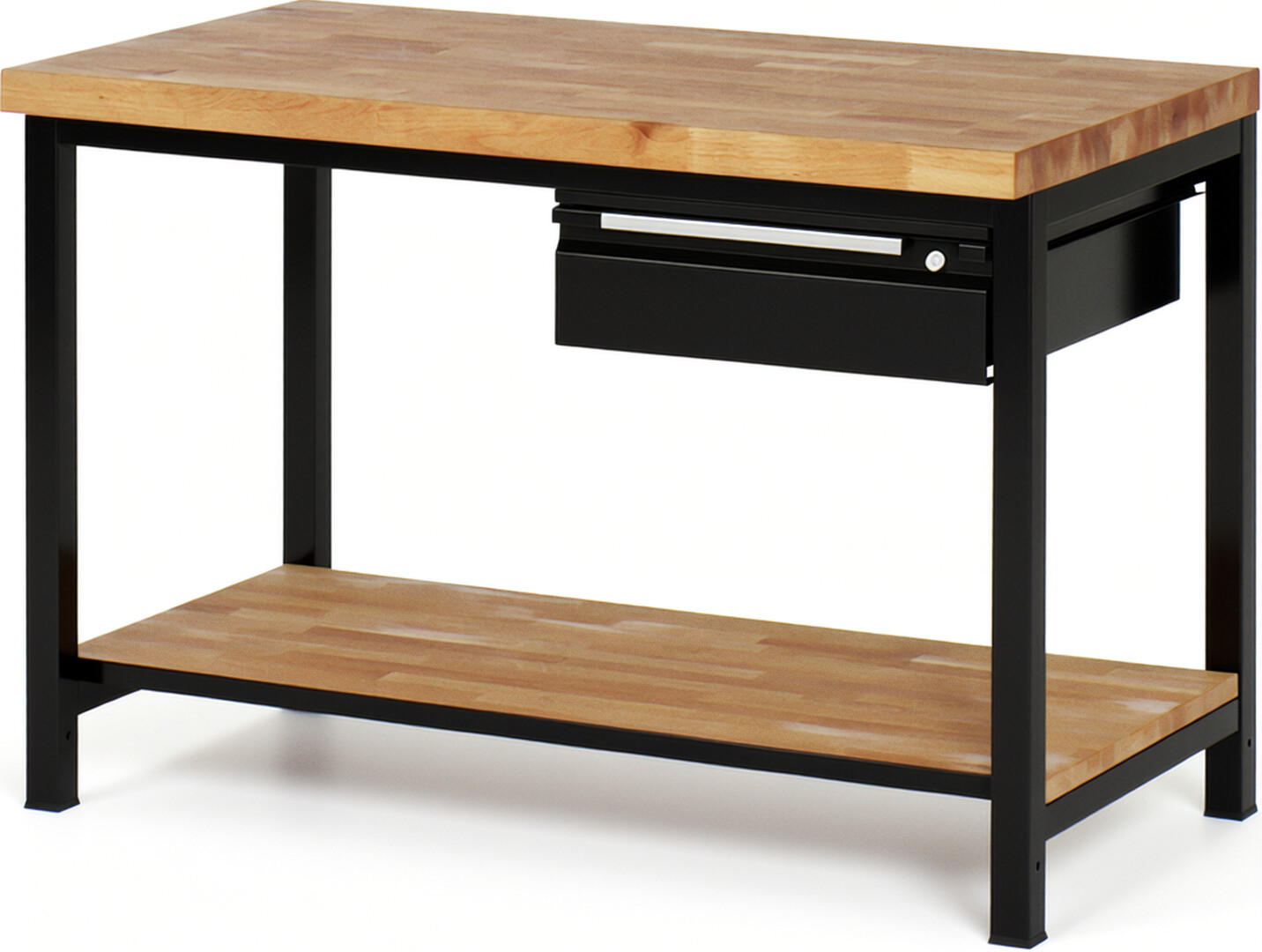 Werkbank - Modell 8001 BASIC schwarz, BxTxH 1250x700x840-1040 mm,  Buche-Massiv Arbeitsplatte 40 mm,  1 Schublade mit  Auszug 90 %