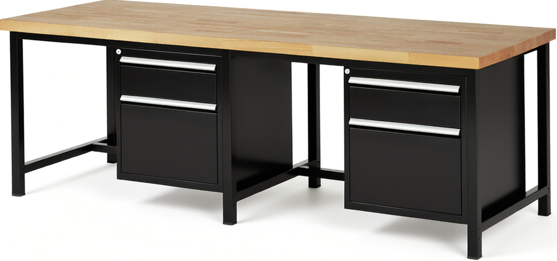 Werkbank Modell 8156 schwarz, BxTxH 2500x900x840 mm,  Buche-Massiv Arbeitsplatte 40 mm,  4 Schubladen mit  Vollauszug 100 % und  SoftClosing