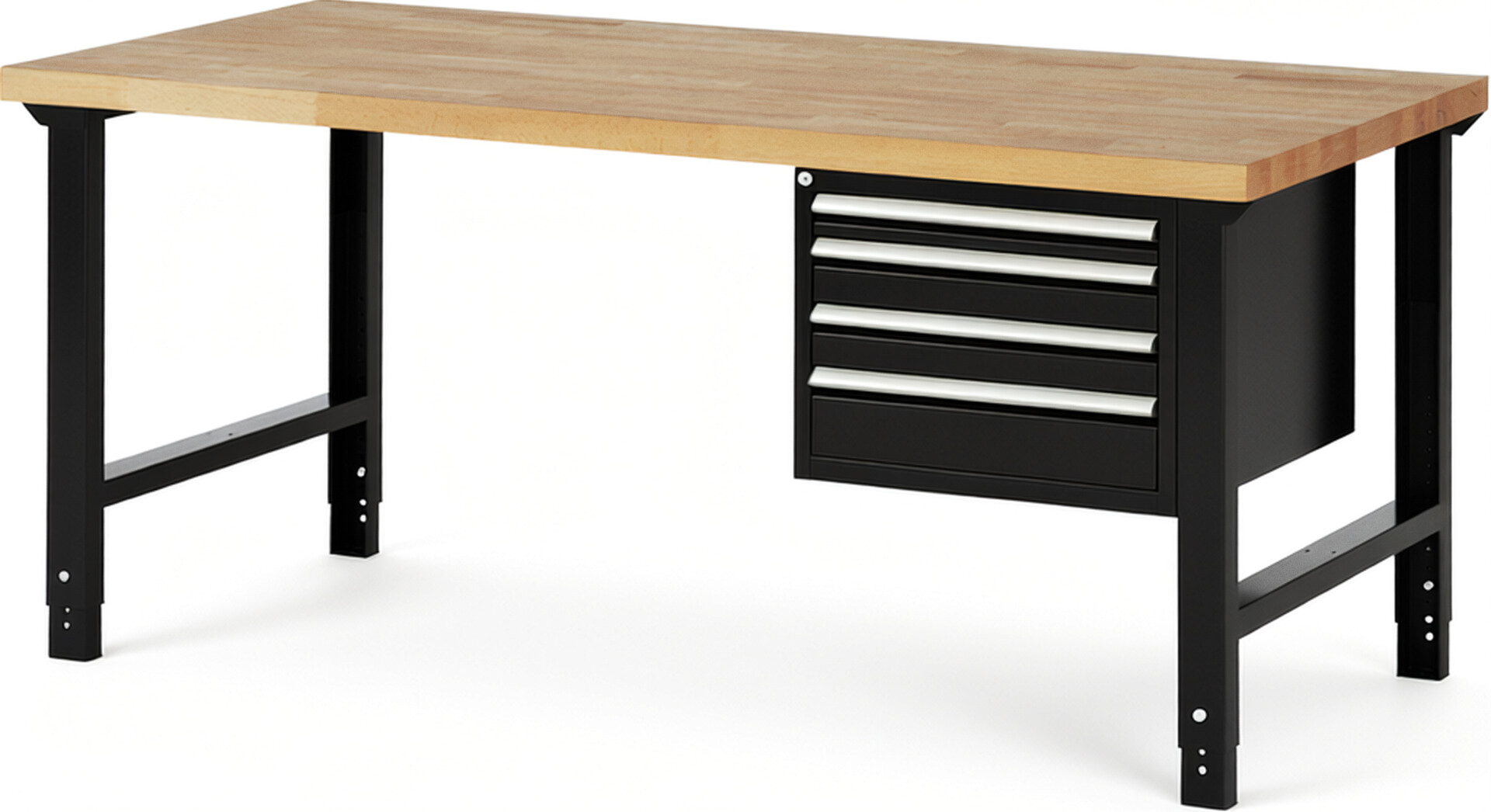 Werkbank Modell 7132 schwarz, BxTxH 2000x900x790-1140 mm,  Buche-Massiv Arbeitsplatte 40 mm,  4 Schubladen mit  Vollauszug 100 % und  SoftClosing