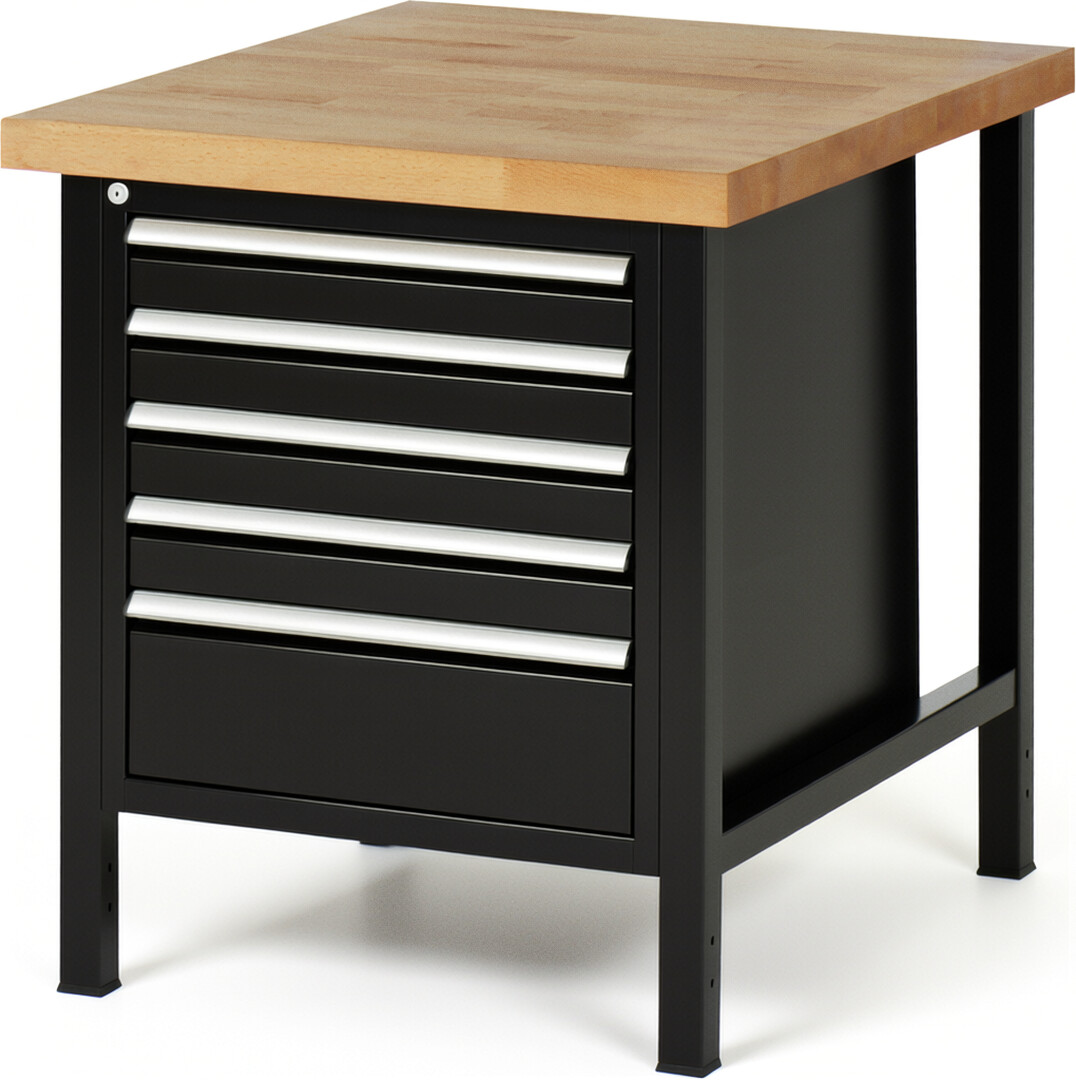 Werkbank Modell 8168 schwarz, BxTxH 750x900x840 mm,  Buche-Massiv Arbeitsplatte 40 mm,  5 Schubladen mit  Vollauszug 100 % und  SoftClosing