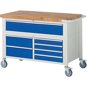 Fahrbare Werkbank, BxTxH 1250x700x920 mm, 7 Schubladen: 1 XXL 120 mm, 6 x 150 mm, RAL7035/RAL5010