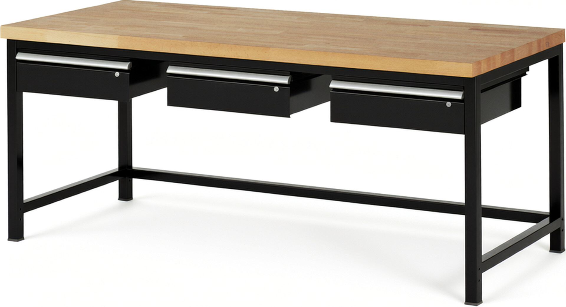 Werkbank Modell 8003 schwarz, BxTxH 2000x900x840 mm,  Buche-Massiv Arbeitsplatte 40 mm,  3 Schubladen mit  Auszug 90 %