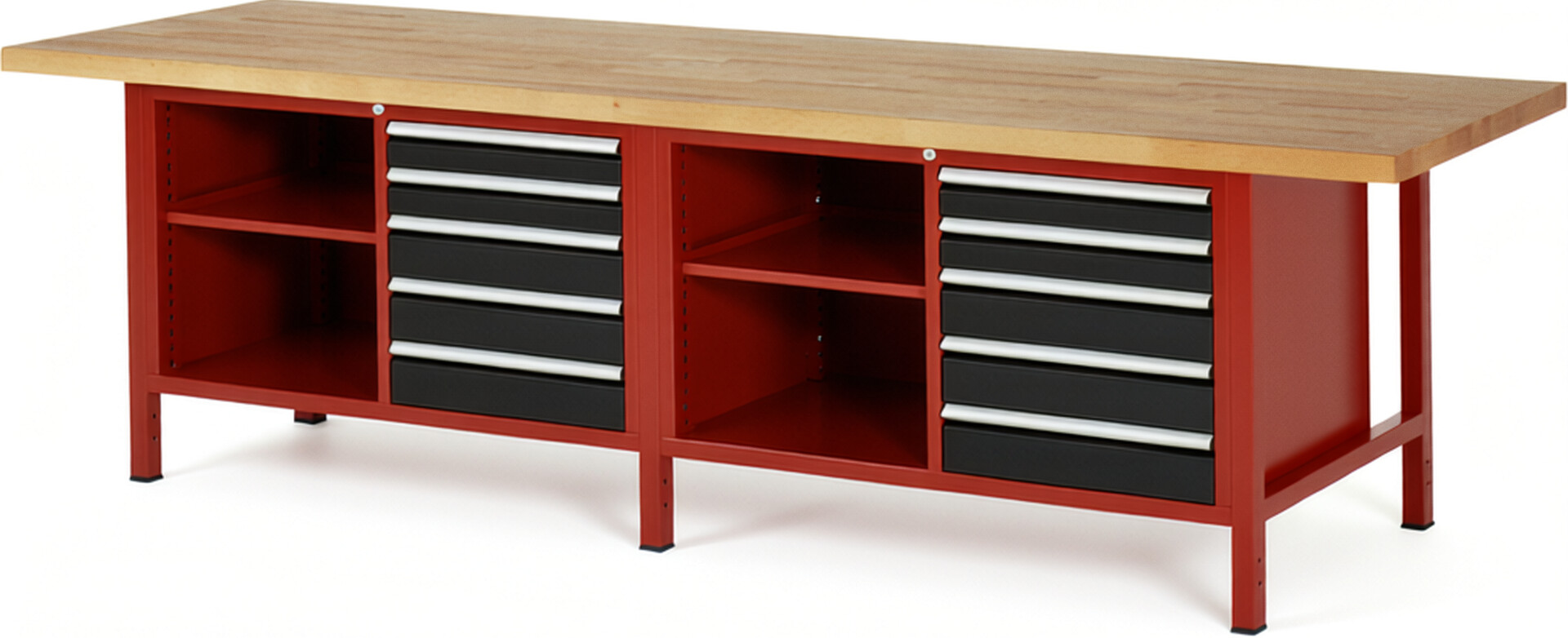 Werkbank Modell 8464 rot - schwarz, BxTxH 3000x900x840 mm,  Buche-Massiv Arbeitsplatte 40 mm,  10 Schubladen mit  Vollauszug 100 % und  SoftClosing