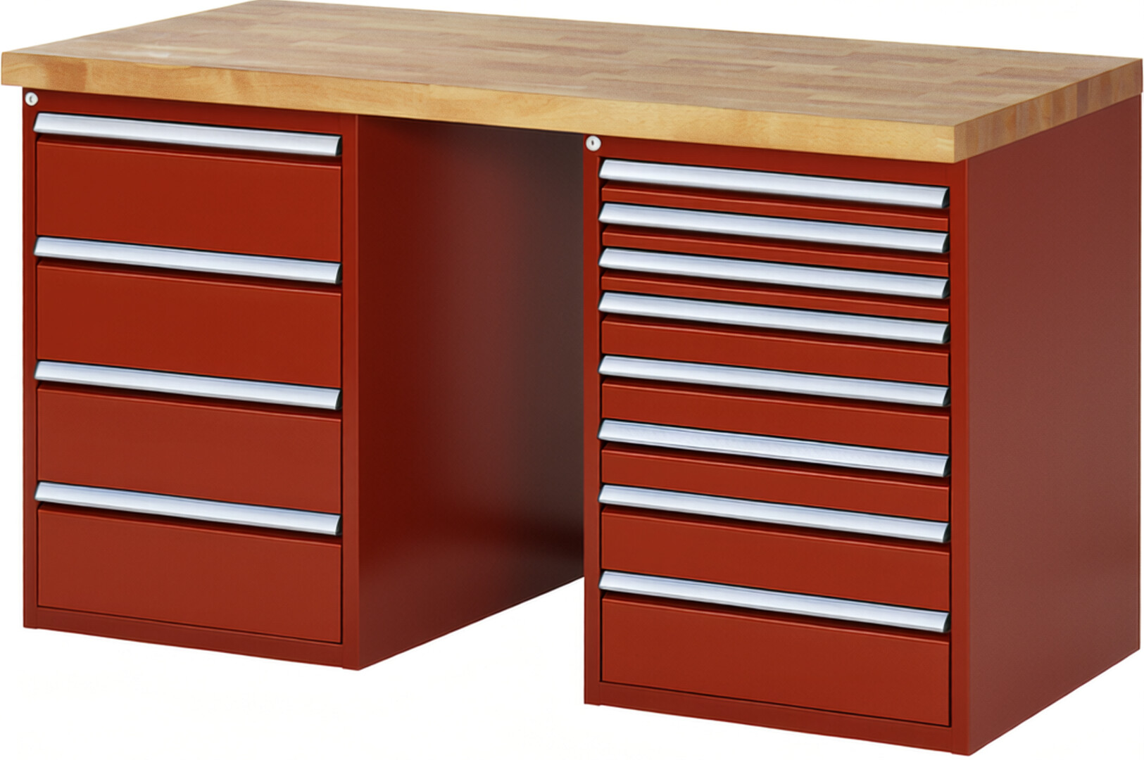 Werkbank Modell 7822 rot, BxTxH 1500x700x890 mm,  Buche-Massiv Arbeitsplatte 40 mm,  12 Schubladen mit  Vollauszug 100 % und  SoftClosing