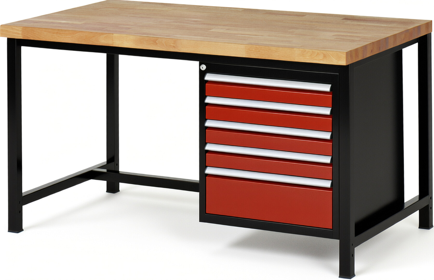 RAU Werkbank schwarz - rot - Breite 150 cm - Tiefe 90 cm - Höhe 104 cm - Buche-Massiv Arbeitsplatte 40 mm