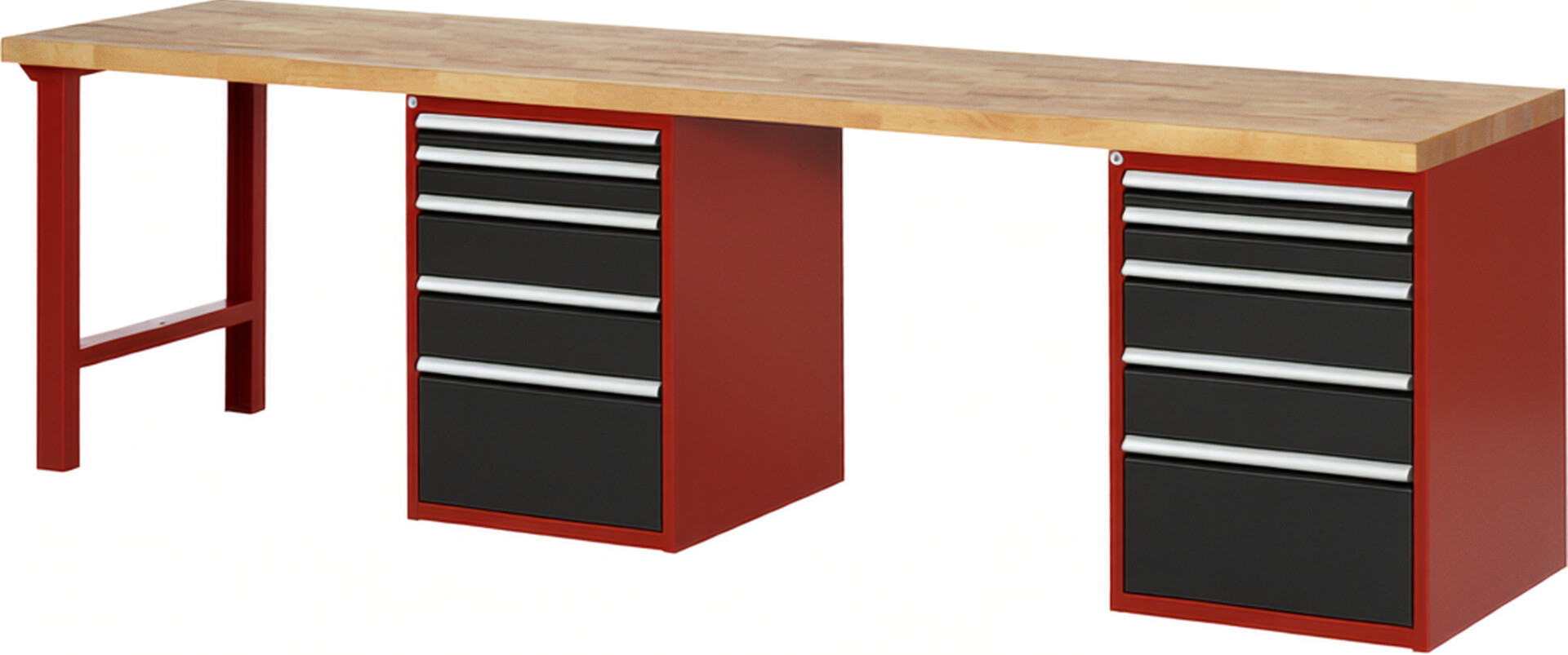 Werkbank Modell 7511 rot - schwarz, BxTxH 3000x700x890 mm,  Buche-Massiv Arbeitsplatte 40 mm,  10 Schubladen mit  Auszug 90 %