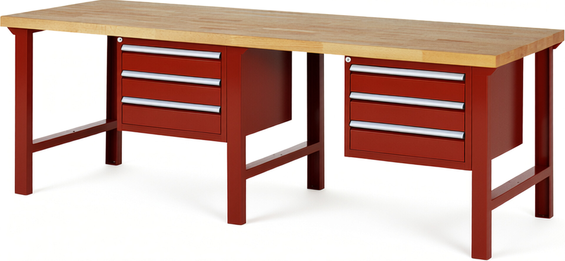 Werkbank Modell 7127 rot, BxTxH 2500x900x840 mm,  Buche-Massiv Arbeitsplatte 40 mm,  6 Schubladen mit  Vollauszug 100 % und  SoftClosing