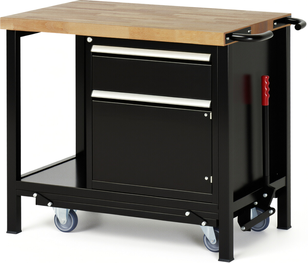 Absenkbare Werkbank Modell 8152 schwarz, BxTxH 1000x700x880 mm,  Buche-Massiv Arbeitsplatte 40 mm,  1 Schublade mit  Vollauszug 100 % und  SoftClosing