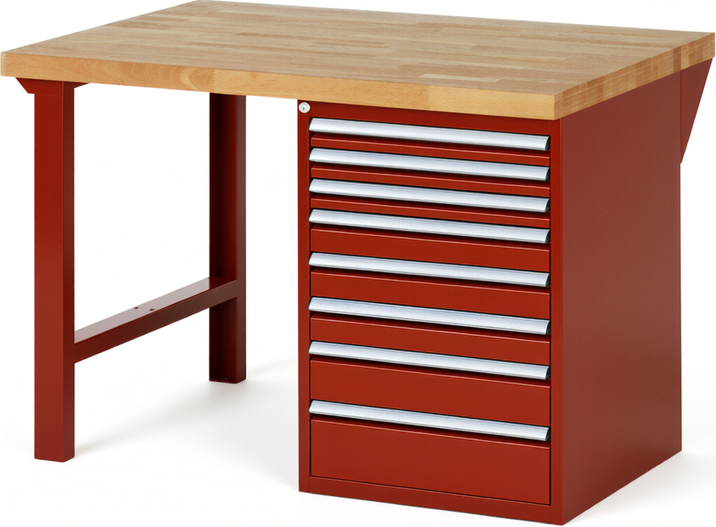 Werkbank Modell 7519 rot, BxTxH 1250x900x840 mm,  Buche-Massiv Arbeitsplatte 40 mm,  8 Schubladen mit  Vollauszug 100 % und  SoftClosing