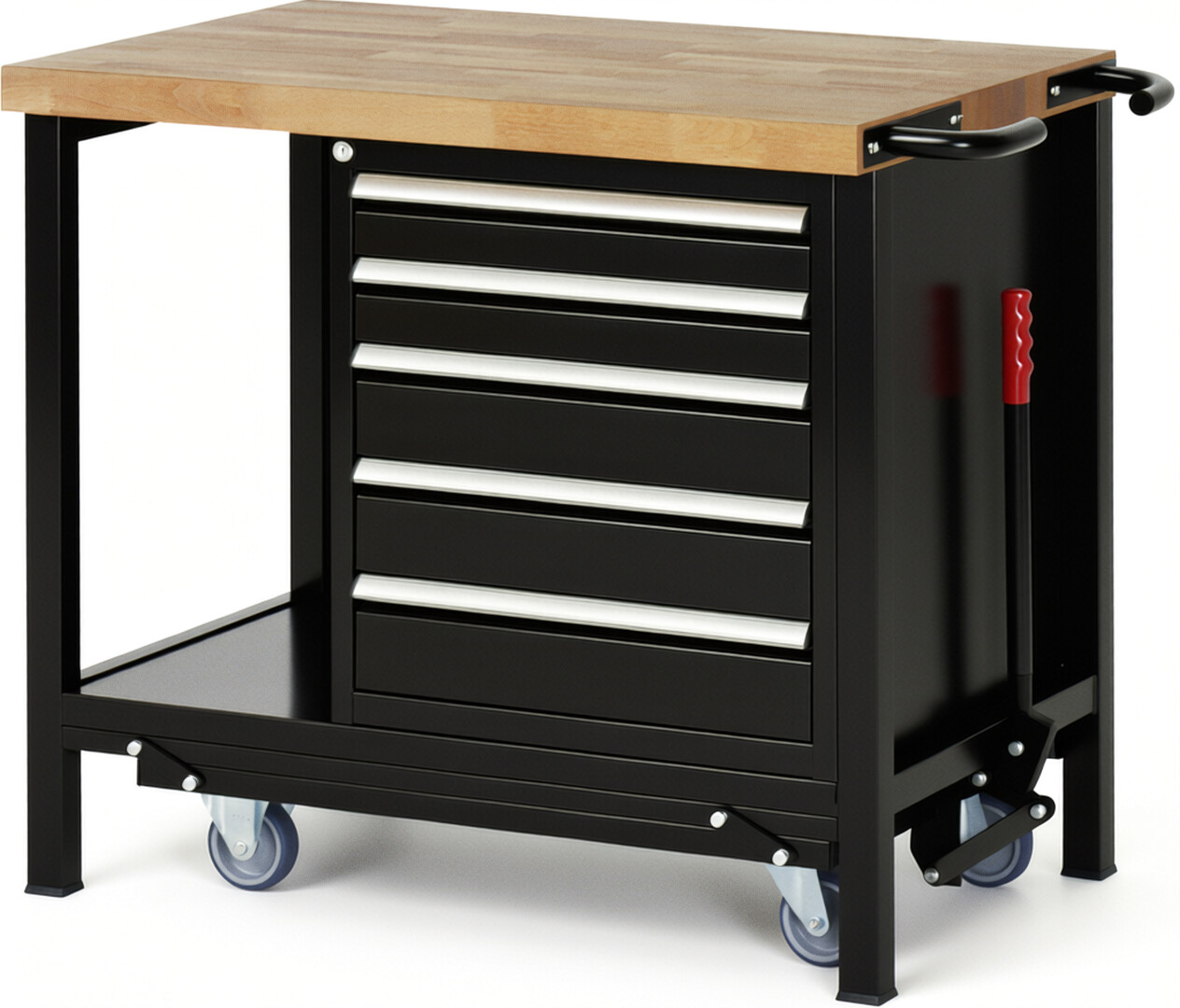 Absenkbare Werkbank Modell 8171 schwarz, BxTxH 1000x700x880 mm,  Buche-Massiv Arbeitsplatte 40 mm,  5 Schubladen mit  Auszug 90 %
