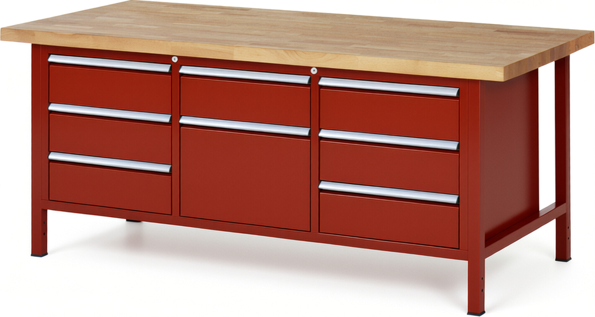 Werkbank Modell 8571 rot, BxTxH 2000x900x840 mm,  Buche-Massiv Arbeitsplatte 40 mm,  8 Schubladen mit  Auszug 90 %