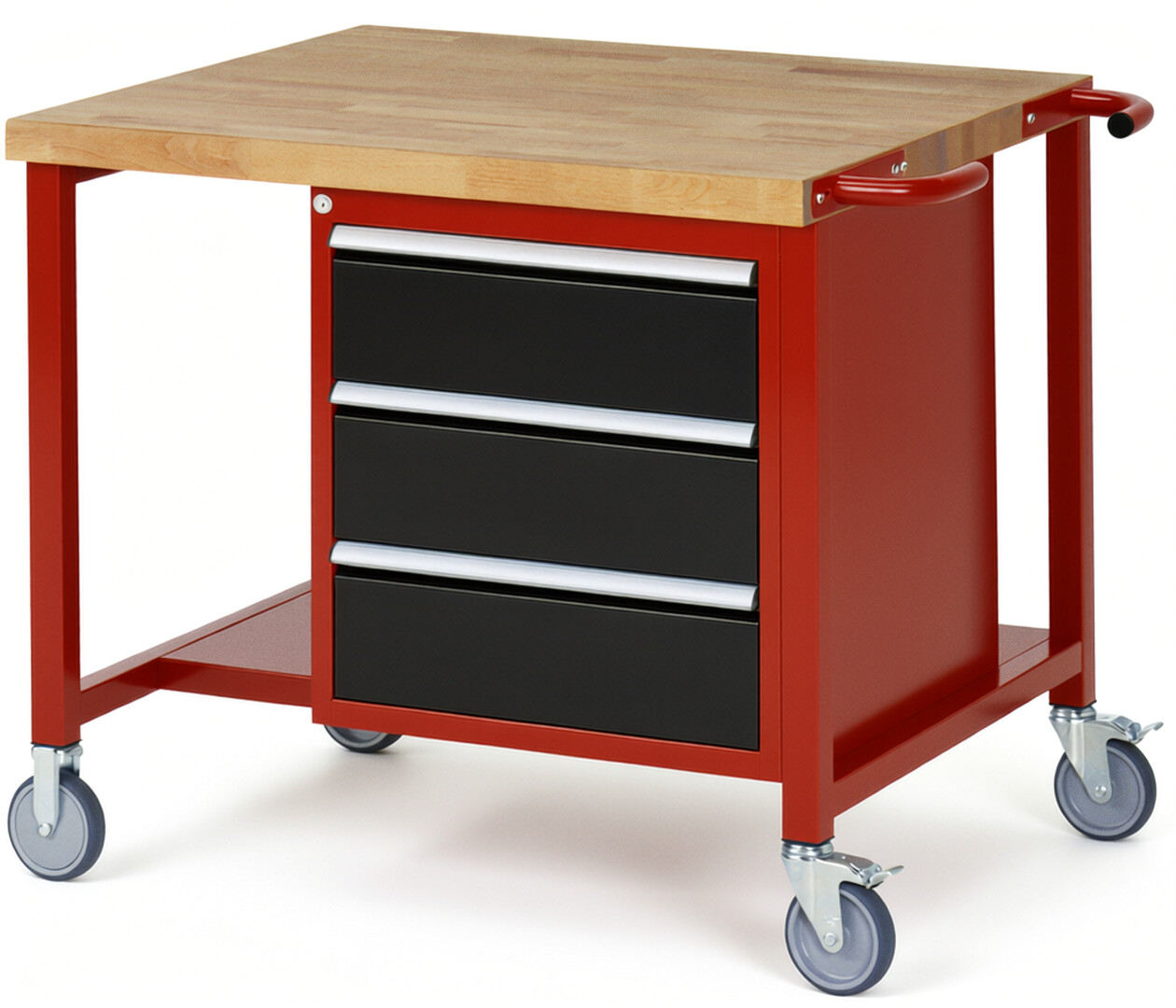 Fahrbare Werkbank Modell 8157 rot - schwarz, BxTxH 1000x900x880 mm,  Buche-Massiv Arbeitsplatte 40 mm,  3 Schubladen mit  Auszug 90 %