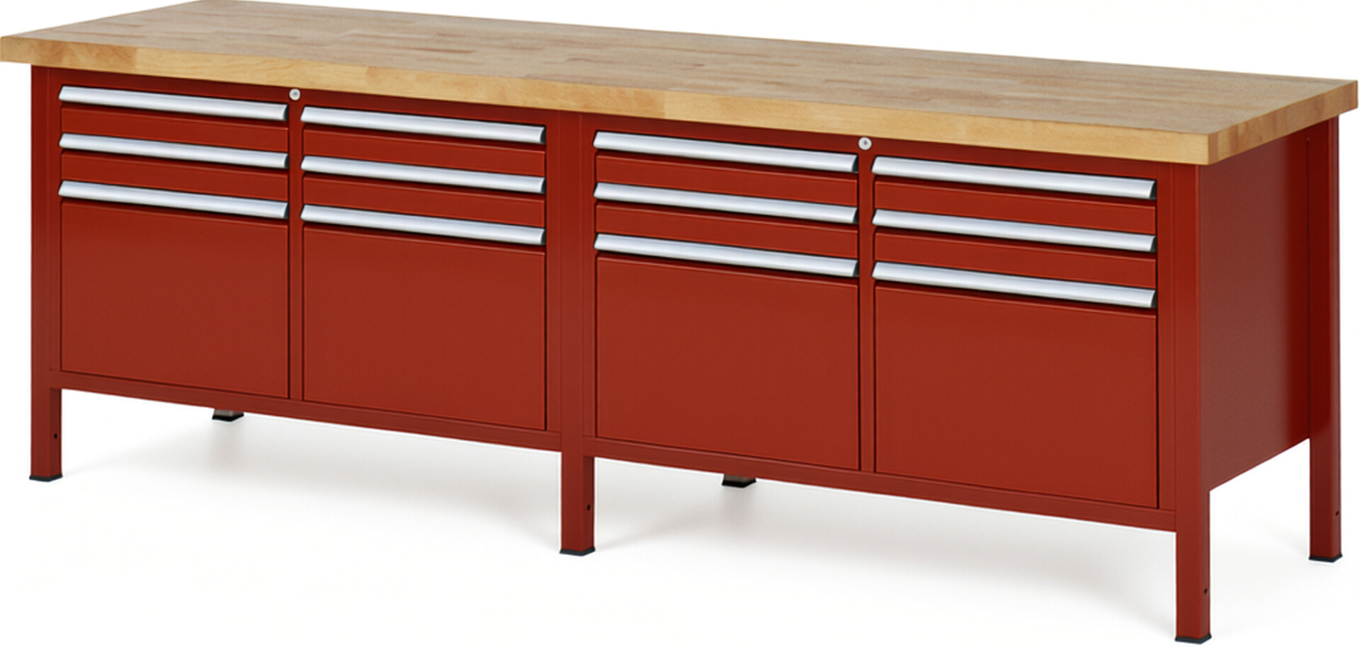 Werkbank Modell 8474 rot, BxTxH 2500x700x840 mm,  Buche-Massiv Arbeitsplatte 40 mm,  12 Schubladen mit  Vollauszug 100 % und  SoftClosing